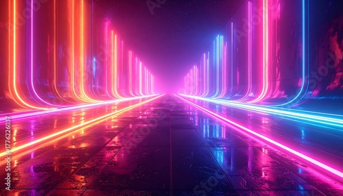 Glowing neon corridor. Red, pink, blue lines ascend, converge in distant bright point; tile floor reflects light
