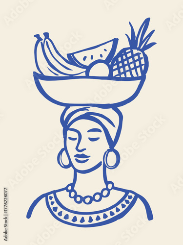 Fruit seller woman with bowl, hand-drawn sketch vector