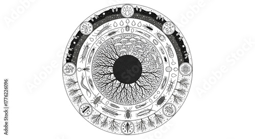 Soil Ecosystem Vector Illustration – Detailed Circular Diagram of Underground Life, Roots, and Microorganisms