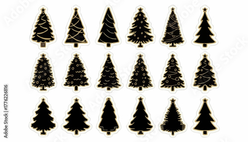 Black Christmas Tree Silhouettes on Gold Background — Festive Holiday Icon Set
