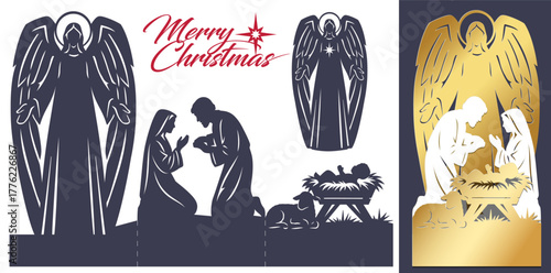 Christmas laser cut set: guardian angel, Holy Family, and Merry Christmas text. Three-fold card template for festive decoration, paper craft, and holiday projects. Black and white cutting silhouette