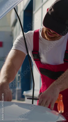 Mechanic in red overalls inspecting vehicle systems at open car hood, utilizing computer tools in bright garage environment, showcasing automotive expertise and professionalism