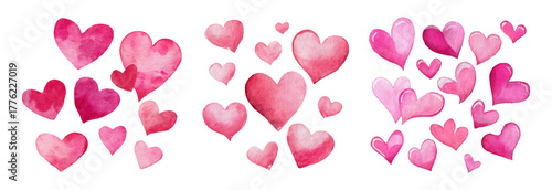 Set of watercolor pink hearts. Frame of pink hearts on isolated background. Cute hand drawn hearts. romantic elements for Valentine's Day, March 8, Mother's Day.