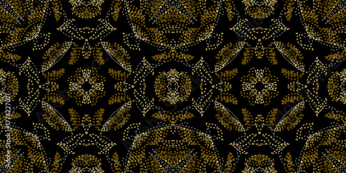 Luxury Abstract Seamless Pattern with Gold and White Stitching on Black. 

Ornate Symmetrical Dark Background with Intricate Dotted Ornament

. Gold Tapestry with Embroidery Style Pattern
