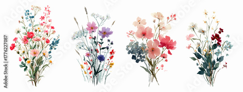 Watercolor set of field bouquets. Colorful summer floral bouquets of wild flowers. rustic flowers collected from field and meadow. Cute hand drawn floral arrangements.
