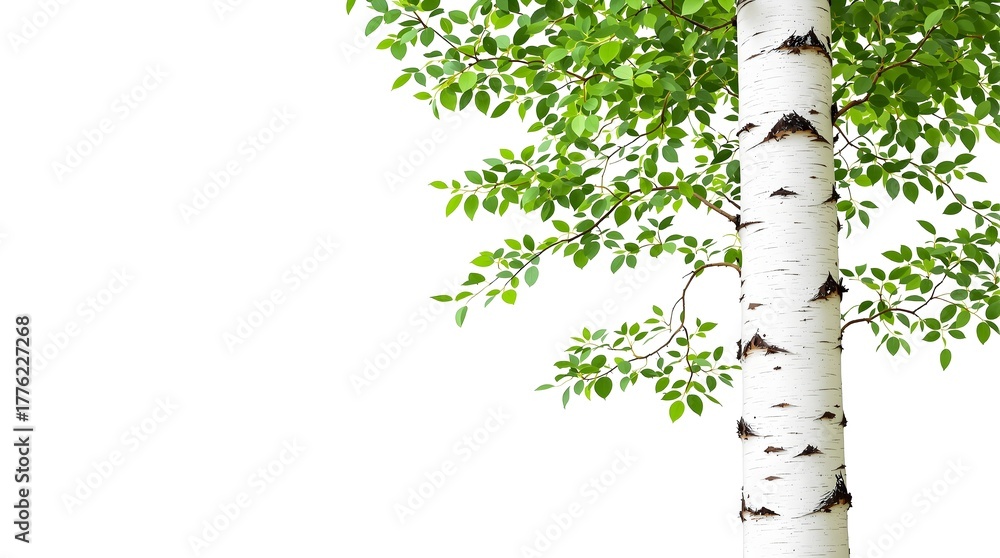 Fototapeta premium Slender Birch Trunk with Fresh Green Leaves – White Bark (Isolated Cutout) 
