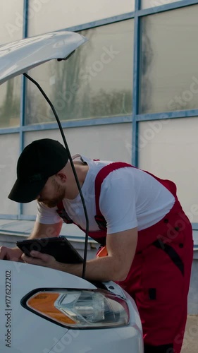 Male mechanic in red overalls inspecting vehicle engine with hood raised, demonstrating repair skills and vehicle maintenance in an outdoor garage setting