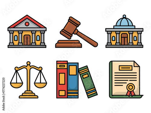 A collection of six legal and judicial icons representing courts, justice, and law.
