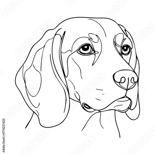 Beagle vector line art head portrait, elegant one line dog drawing from side view, minimalist outline illustration for modern pet decor and tattoo design