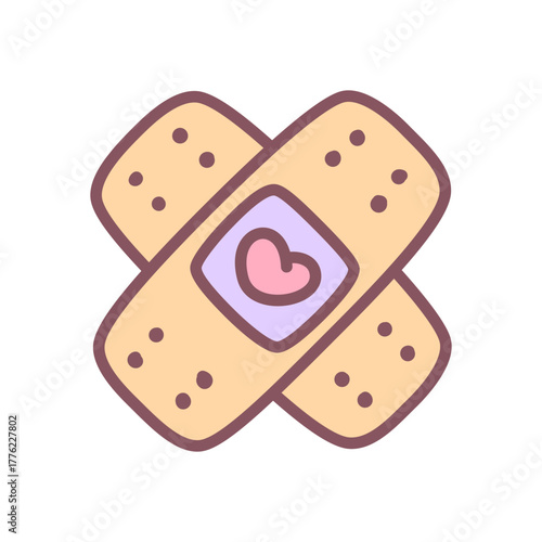 Cute bandages icon. Pair of pastel band-aids crossed with heart in the center. Kawaii sticker. Vector 10 EPS.