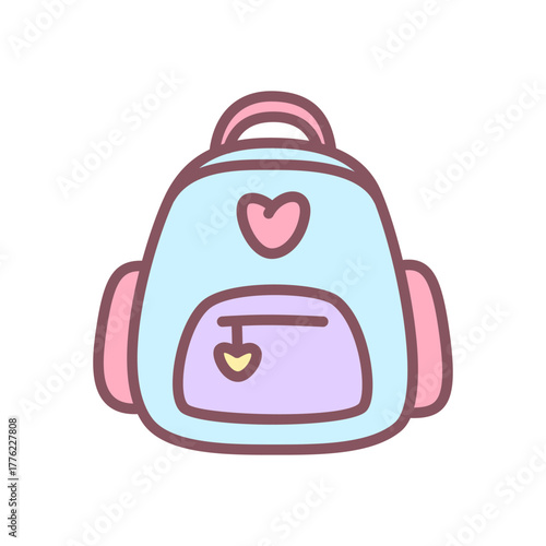 Cute backpack icon. Doodle pastel school backpack with heart pocket. Kawaii sticker. Vector 10 EPS.