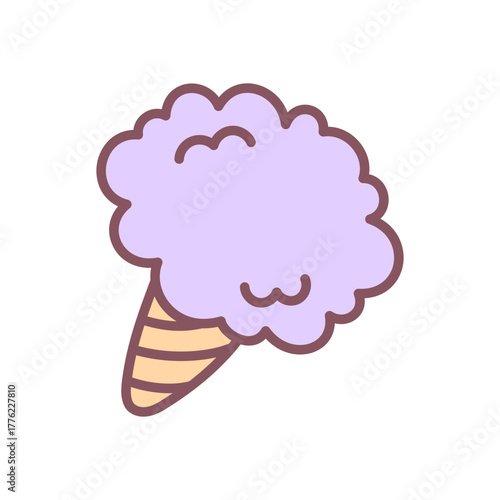 Cute cotton candy icon. Doodle illustration of fluffy candy floss in lavender tones. Kawaii sticker. Vector 10 EPS.
