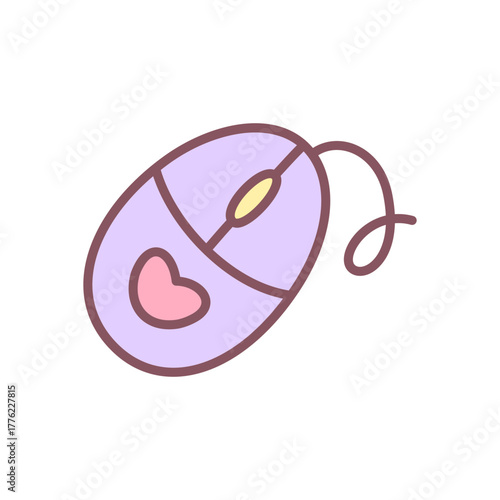 Cute computer mouse icon. Doodle illustration of pink and lavender computer mouse with heart detail. Kawaii sticker. Vector 10 EPS.