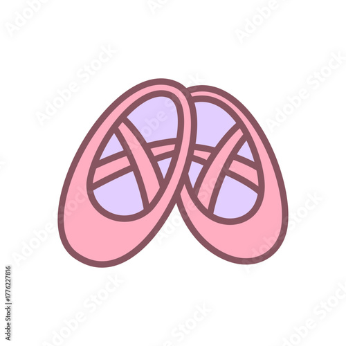 Cute ballet shoes icon. Pair of pink ballet slippers with ribbons. Kawaii girly sticker. Vector 10 EPS.