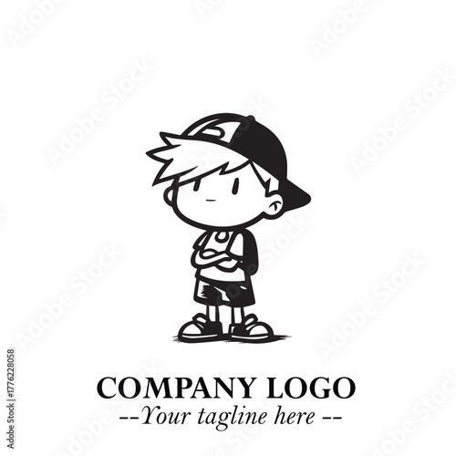 Black and White Chibi Boy Illustration with Jacket and Boots in Bold Thick Line Art Minimal Style