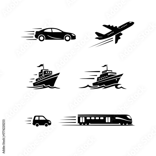 Dynamic vector icon set featuring various modes of transportation fast cars, airplanes, ships, and trains. Emphasizing swift travel, efficient logistics, and modern transit