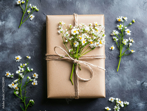 Beautifully Wrapped Gift with Flowers on Grey Background