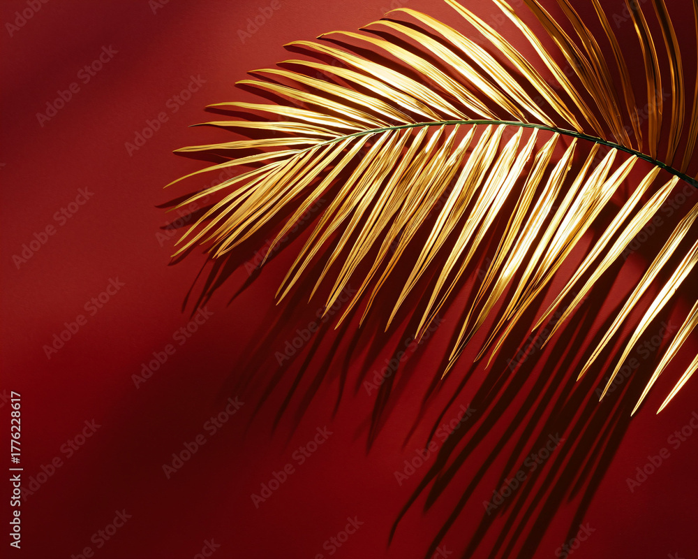Obraz premium Golden Palm Leaf on Red Background with Dramatic Shadow Effect
