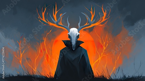 Dark figure with deer skull and majestic horns