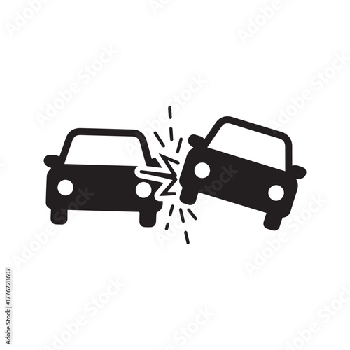 Car Crash Icon, Vehicle Accident Symbol, Road Collision Black Silhouette
