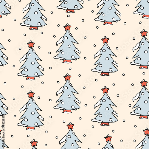 cute hand drawn cartoon seamless vector pattern background illustration with pastel blue christmas trees with red stars and white snowflakes on beige background