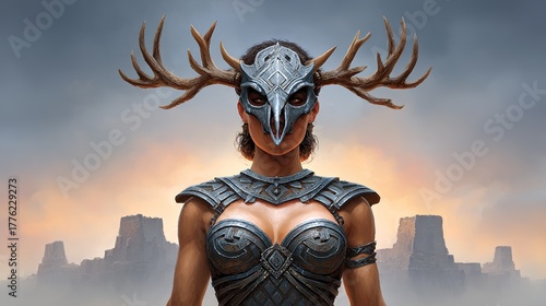 Female warrior with deer antlers mask and armor