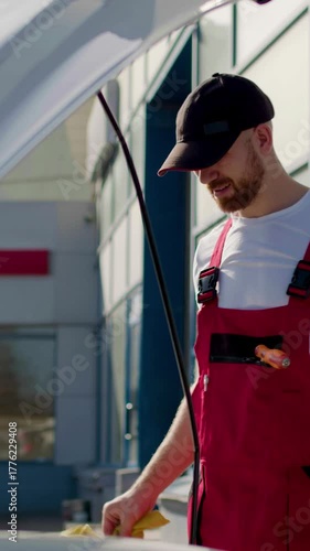 Mechanic in red overalls working on car engine with diagnostic computer, showcasing automotive repair skills and modern technology in bright garage environment