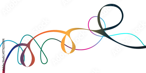 An abstract, intricate composition of multiple intertwining, continuous, fluid lines forming a complex web of loops, curls, and sweeping curves; each line features a smooth, vibrant color gradient (de