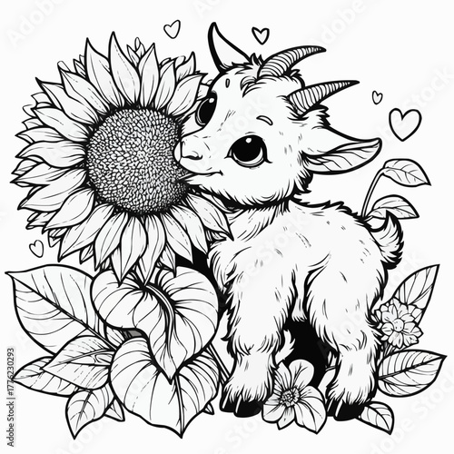 Adorable goat smelling a sunflower outline drawing for coloring
