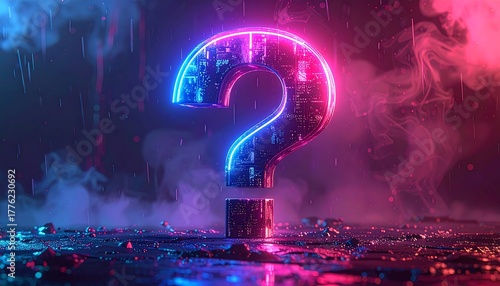 Glowing question mark emits blue and pink light, standing on a dark surface with smoke and rain