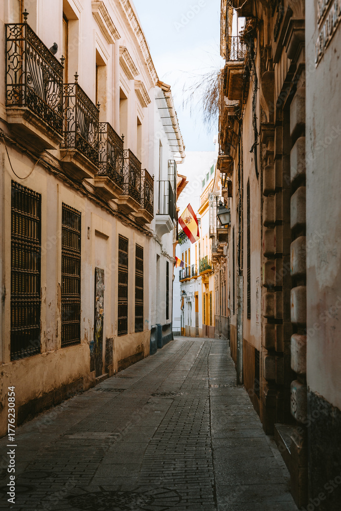 Fototapeta premium Ancient architecture lining a quiet, winding alleyway in Andalucia's historic city, featuring a Spanish flag