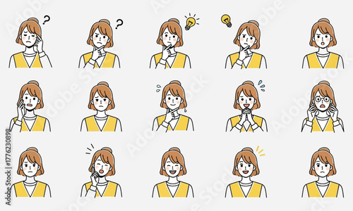 Collection of cartoon illustrations of a woman expressing various emotions and gestures, perfect for design projects