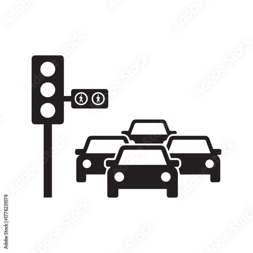 Traffic Light Icon with Cars, Road Congestion Symbol, Urban Intersection Vector
