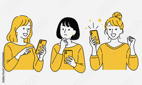 Three distinct young women express a spectrum of emotions from inquiry to triumphant satisfaction while engaging with their smartphones, reflecting varied digital communication experiences