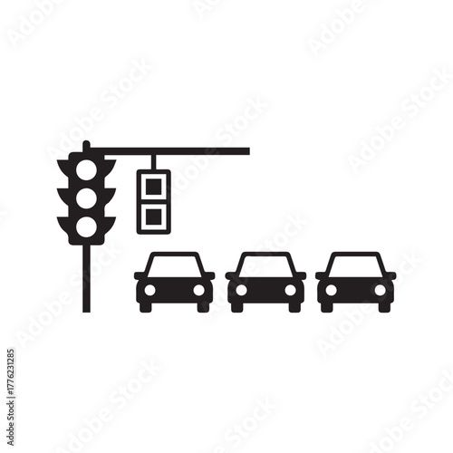 Traffic Light Icon with Cars, Road Congestion Symbol, Urban Intersection Vector
