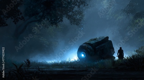 Mysterious object in foggy forest at night