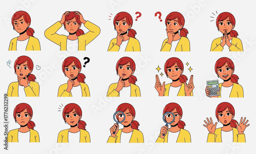 Woman Expressions Diverse Emotions & Gestures Vector Set