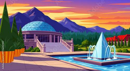 Scenic illustration of a grand estate with a stunning domed building, elegant fountain, and lush gardens against a backdrop of majestic mountains and a vibrant sunset sky