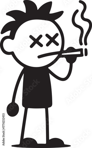 Black and white stick figure character with crossed eyes smoking a cigarette and exhaling smoke
