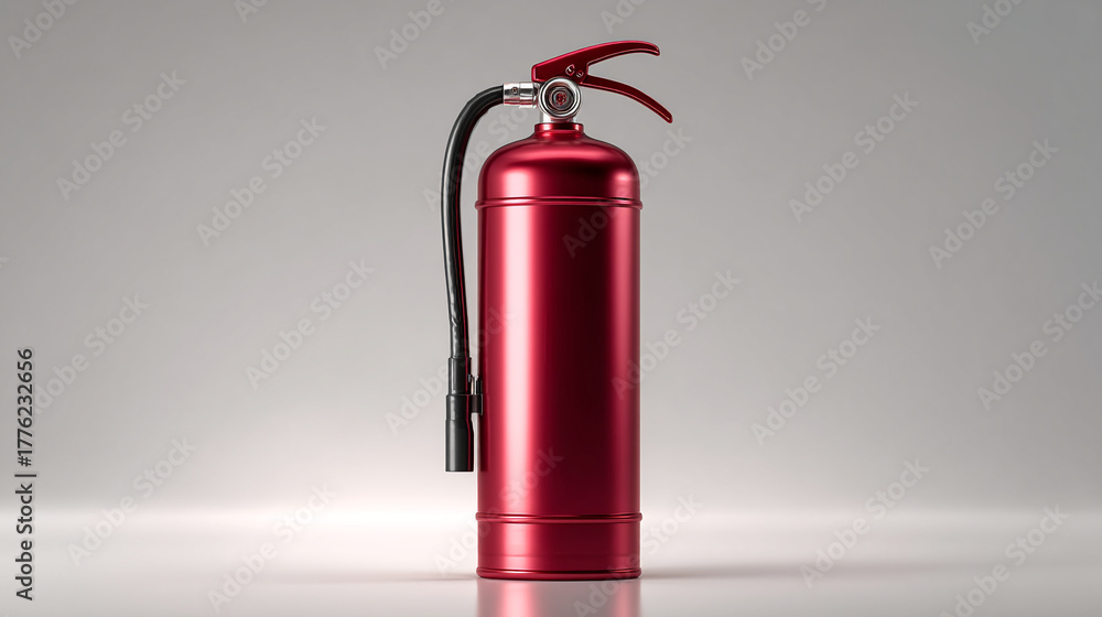 Fototapeta premium A shiny red fire extinguisher stands against a light gray backdrop studio shot