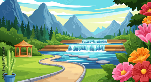 Serene cartoon landscape with majestic mountains, cascading waterfalls, a peaceful garden path, charming gazebo, and vibrant blooming flowers
