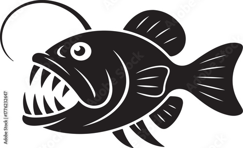 Black Anglerfish with Lure and Sharp Teeth Illustration deep sea fish black fish