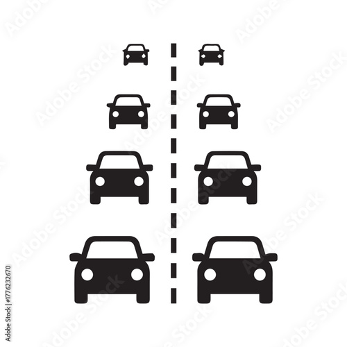 Highway Traffic Jam Icon, Heavy Road Congestion Symbol, Cars in Two Lanes Silhouette
