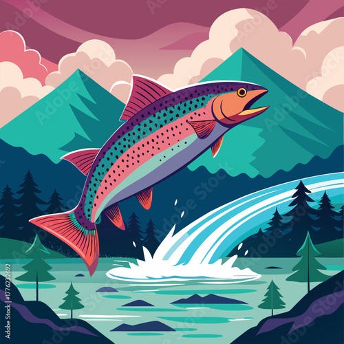a rainbow trout jumping out of the water in front of mountains
