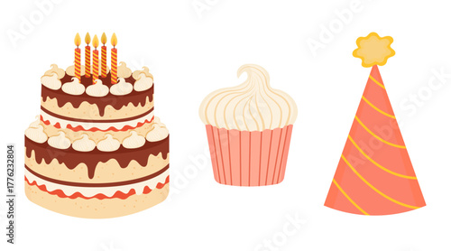 Birthday set. Two-tier cake with chocolate cream and lit candles. Cupcake with crème brûlée. Orange party hat with yellow stripes and a pom-pom. Vector illustration. Icon. Close-up of festive element.