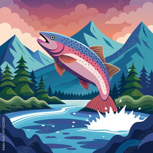 Jumping Fish in Mountain River Illustration