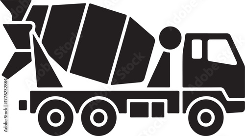 Black silhouette of a concrete mixer truck with rotating drum and wheels on a white background