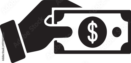 Black silhouette of a hand holding a dollar bill with a dollar sign on a white background