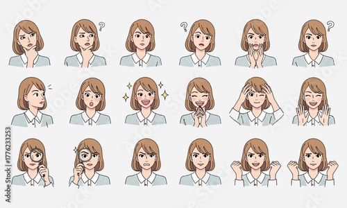 Diverse collection of female character expressions and emotions, showcasing a range of human reactions