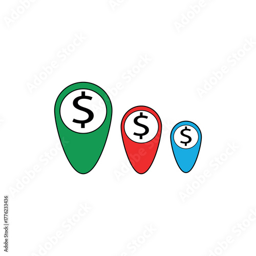 Three colorful location pins with dollar marks representing money map or financial route.